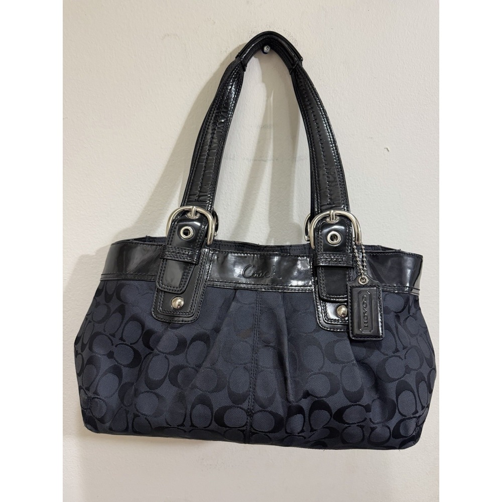 Coach Signature Soho Pleated Tote Medium Black Monogram Canvas F13742 Y2K VTG.